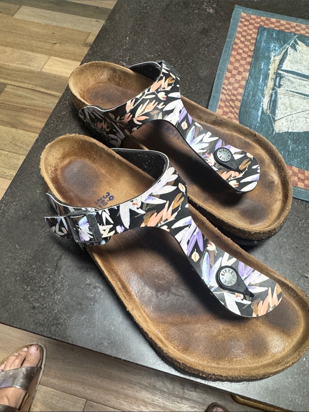 Birkenstock Women’s Floral Thong Sandals — Black with Multicolor Print